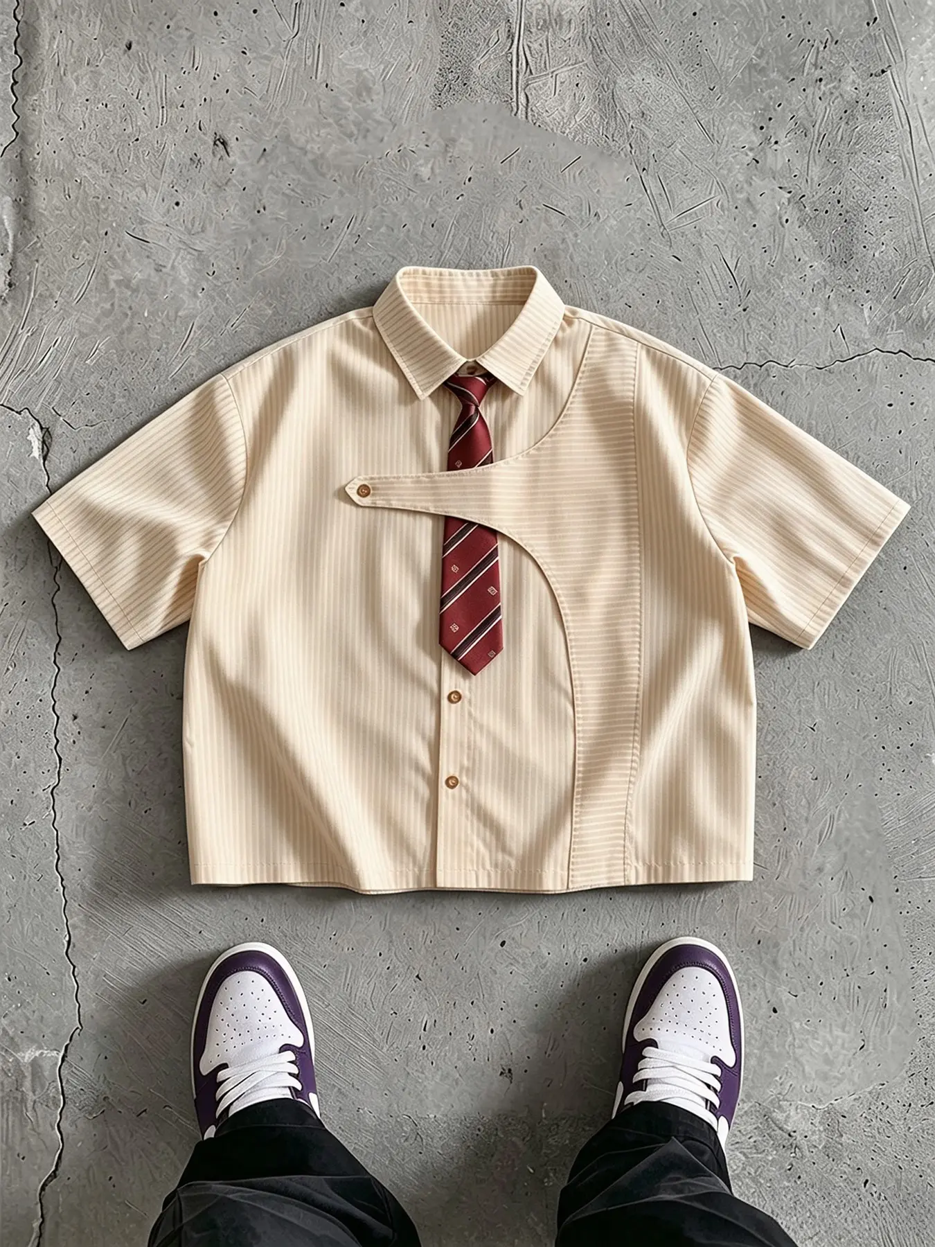Men's Asymmetric Placket Striped Shirt, Decorative Tie, Short Sleeve Collared Loose Fit Casual Top, College Style