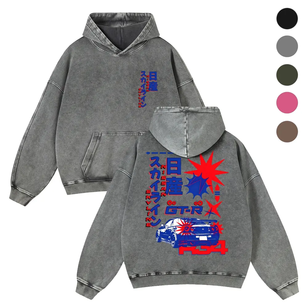 90s JDM Tuner Culture Streetwear Aesthetic, JDM Japanese Kanji Katakana Retro Sport Car Back Print 380g Autumn VIntage Washed Hoodie Graphic Sweatshirt