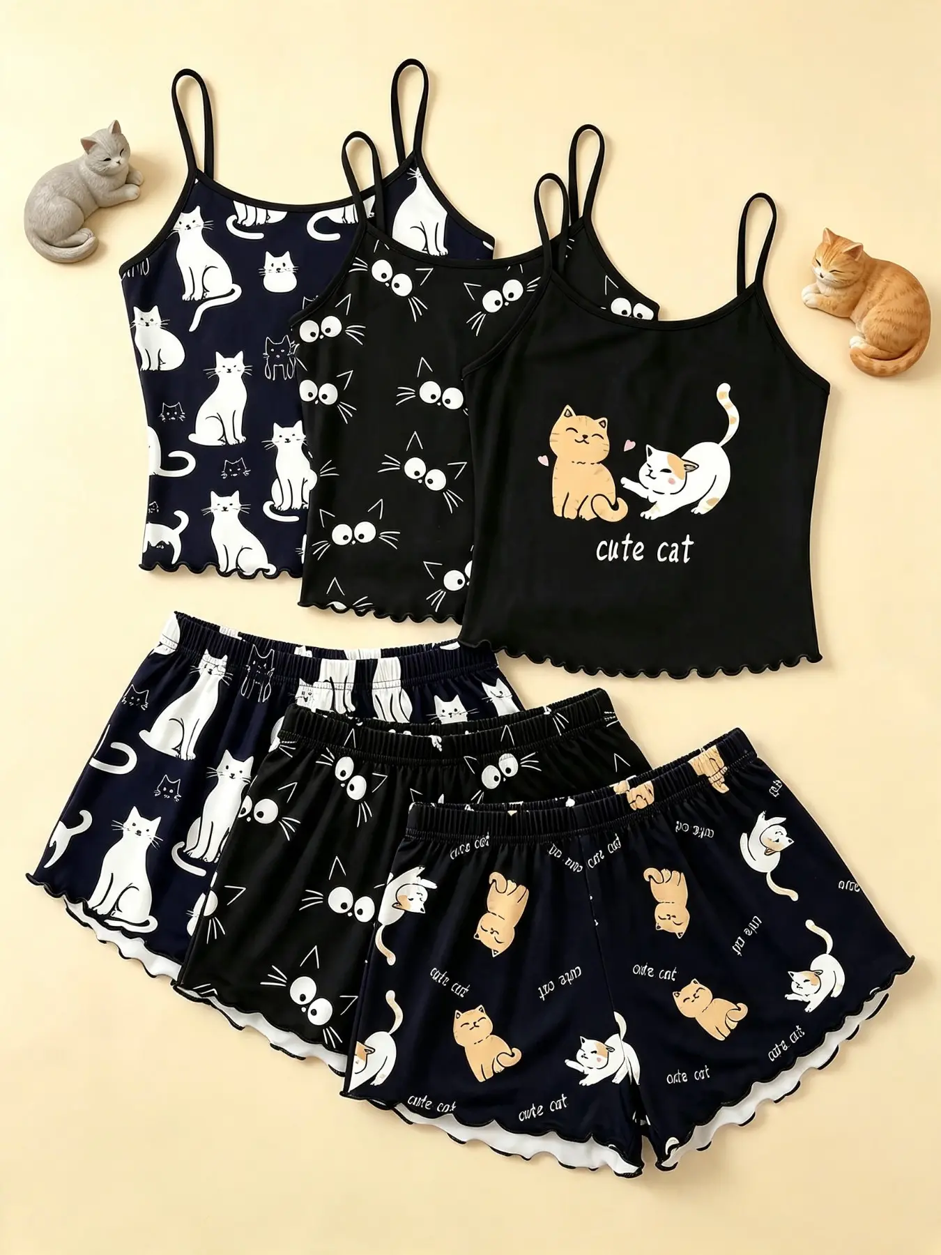 Six-Piece Women's Sleepwear Set, Boho Style, Soft Polyester, Cat Print, Sleeveless, Loose-Fit, Summer Pajamas, Home & Wear