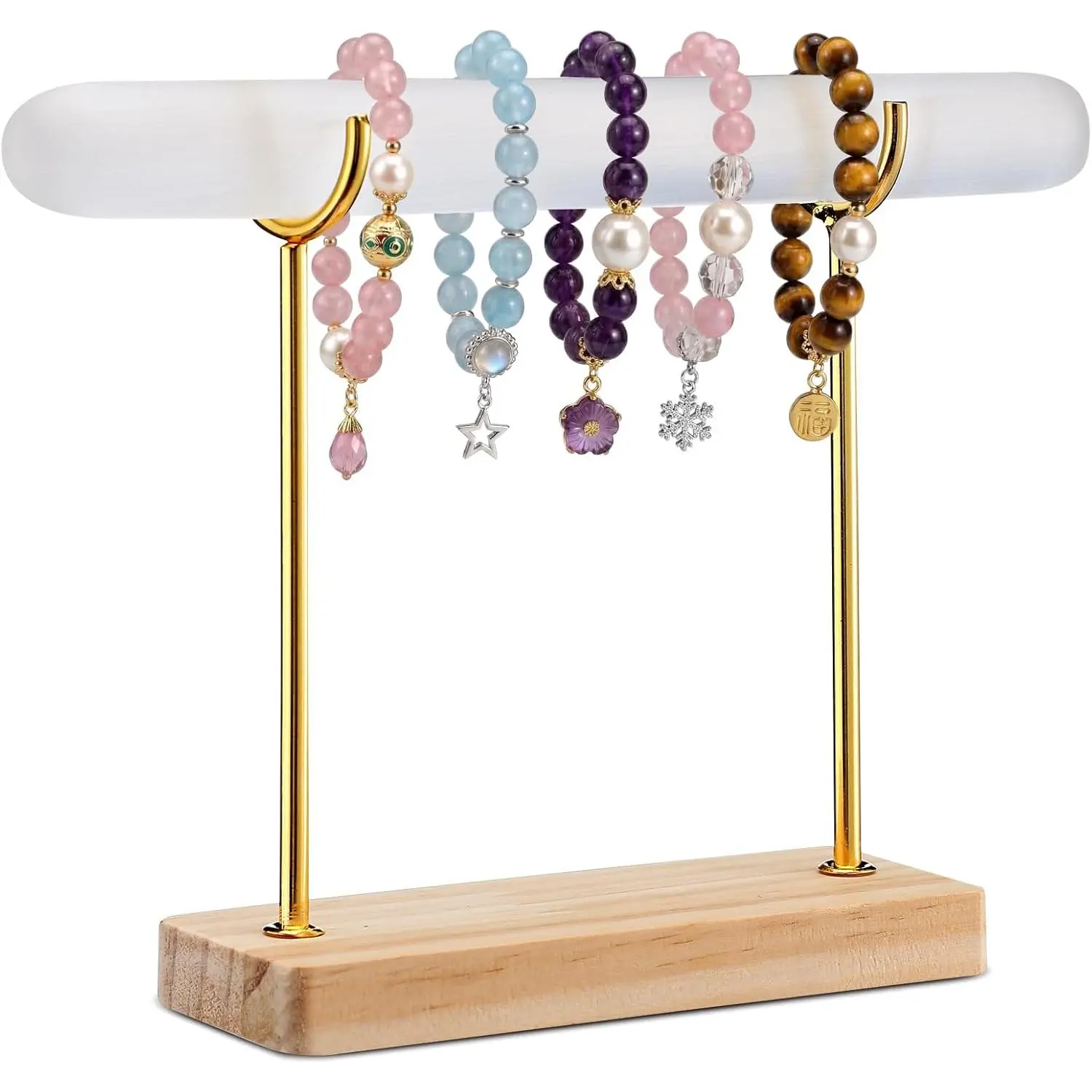 Selenite Bracelet Holder Display Stand Crystal Healing Goth Bracelet Display Stand Detachable Jewelry Wrap Watch Organizer Holder with Wooden Base for Bangles Charging Clean(1 Tier)
