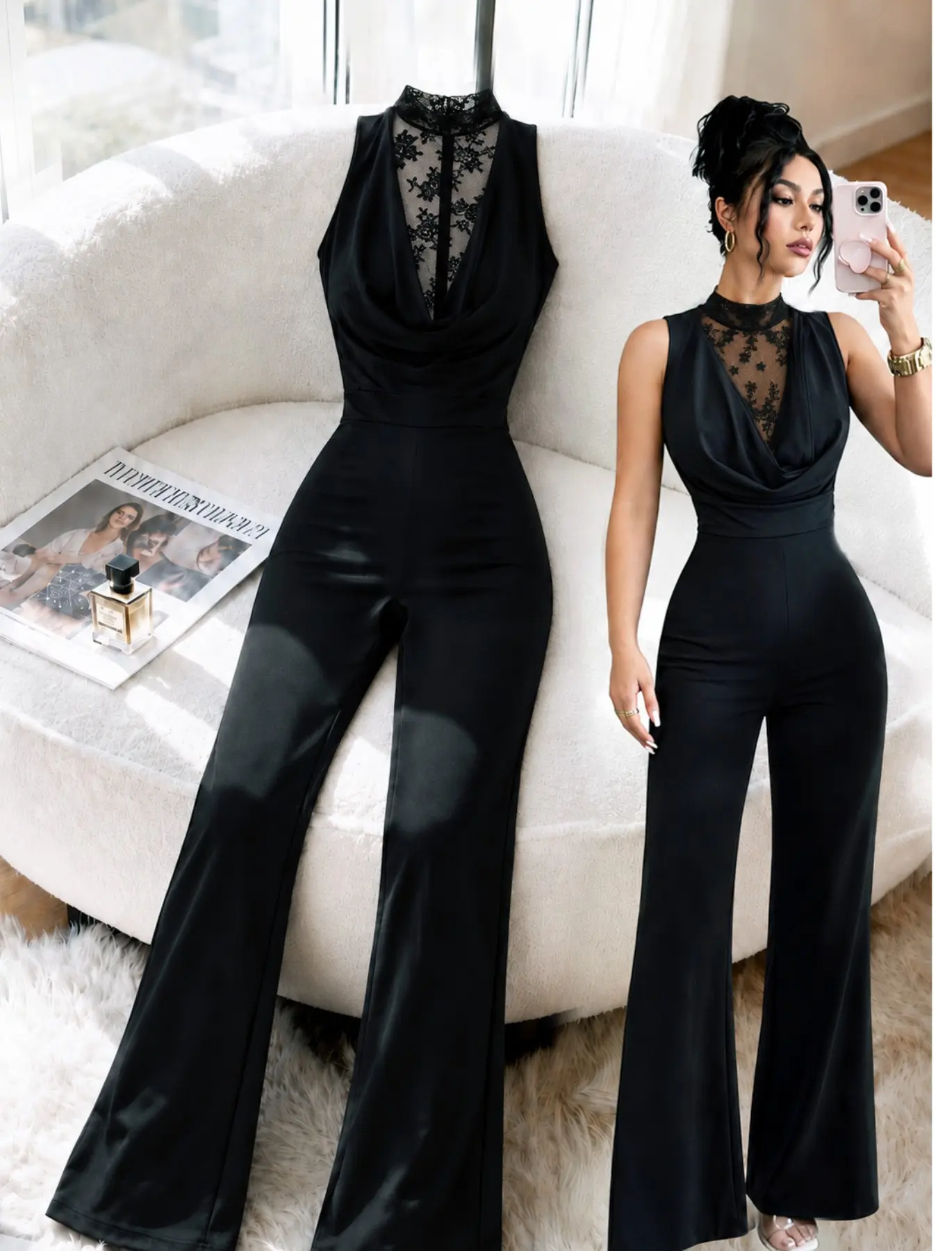 Women's Summer New Fashion Satin Halter Jumpsuit, Elegant Lace High Neck, Formal Evening Party Wedding Guest Dress, All Seasons