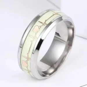 Luminous Titanium Steel Heart Ring – Glow-in-the-Dark Electrocardiogram Design, Waterproof Durable Romantic Jewelry for Couples