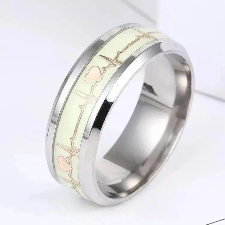 Couple's ECG Heartbeat Ring, Glow-in-the-Dark Tarnish-Resistant Stainless Steel Band, Romantic Waterproof Fashion Jewelry, Romantic Gifts