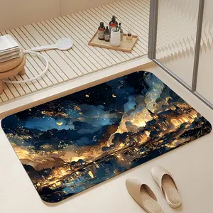 Luxury Dark Blue Golden Starry Night Castle Town Soft Diatomite Bath Mat 16*24 Inch |   Instant Water Absorbing Non Skid Anti-Mold Shower Rug Stylish Fantasy Celestial Galaxy Aesthetic Bathroom Decor Mat for Star & Art Lovers