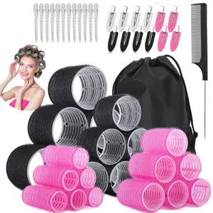 50Pcs No Heat Hair Roller Set with Clips, Jumbo Self-Grip Hair Curlers for Volumizing Long Medium Short Hair, Heatless Hair Rollers Styling Kit with Storage Bag & Comb