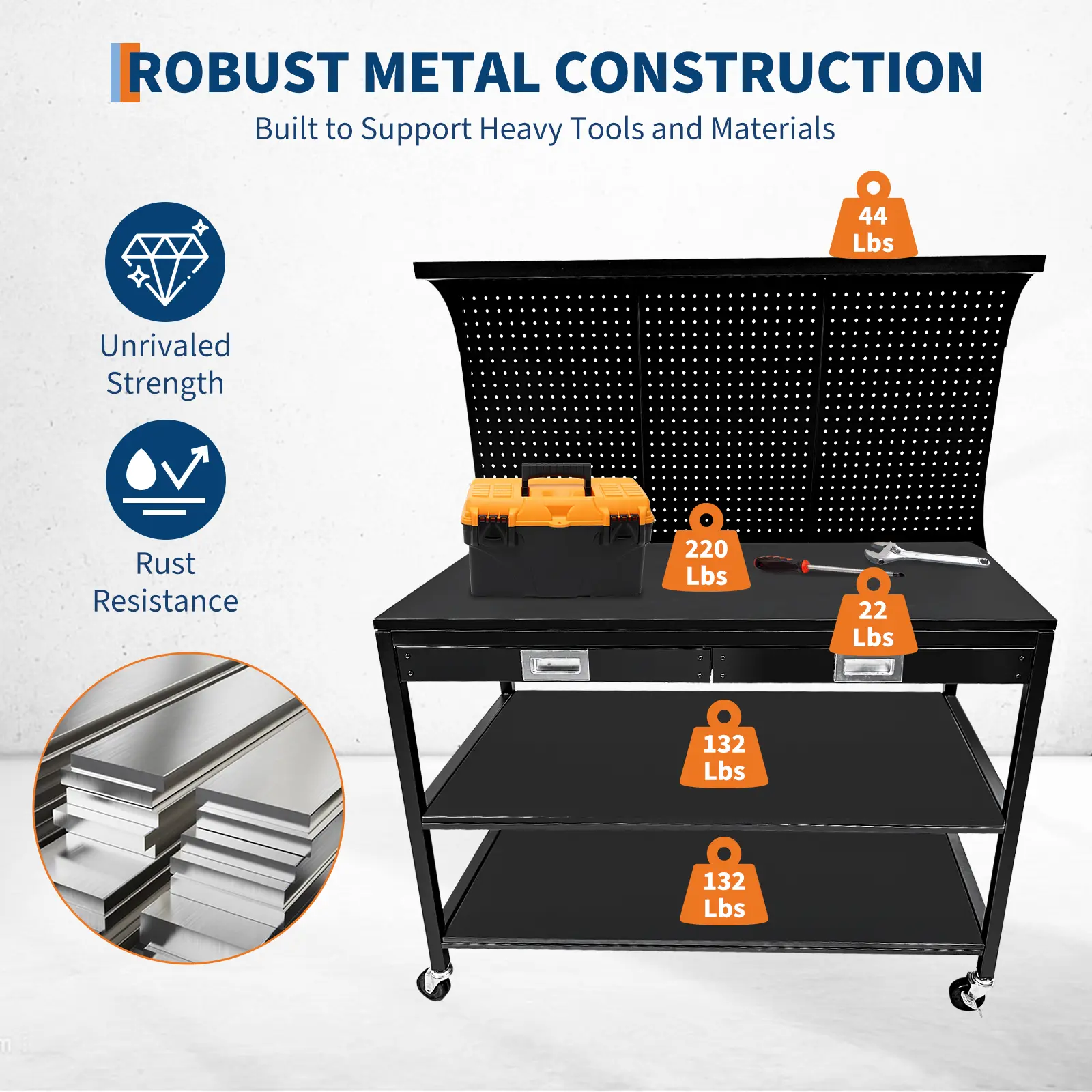 【Garvee】 Heavy Duty 48" Metal Workbench with Pegboard and 2 Drawers - 3 Storage Shelves - Multifunctional Steel Tool Work Station for Garage, Workshop, Home Office