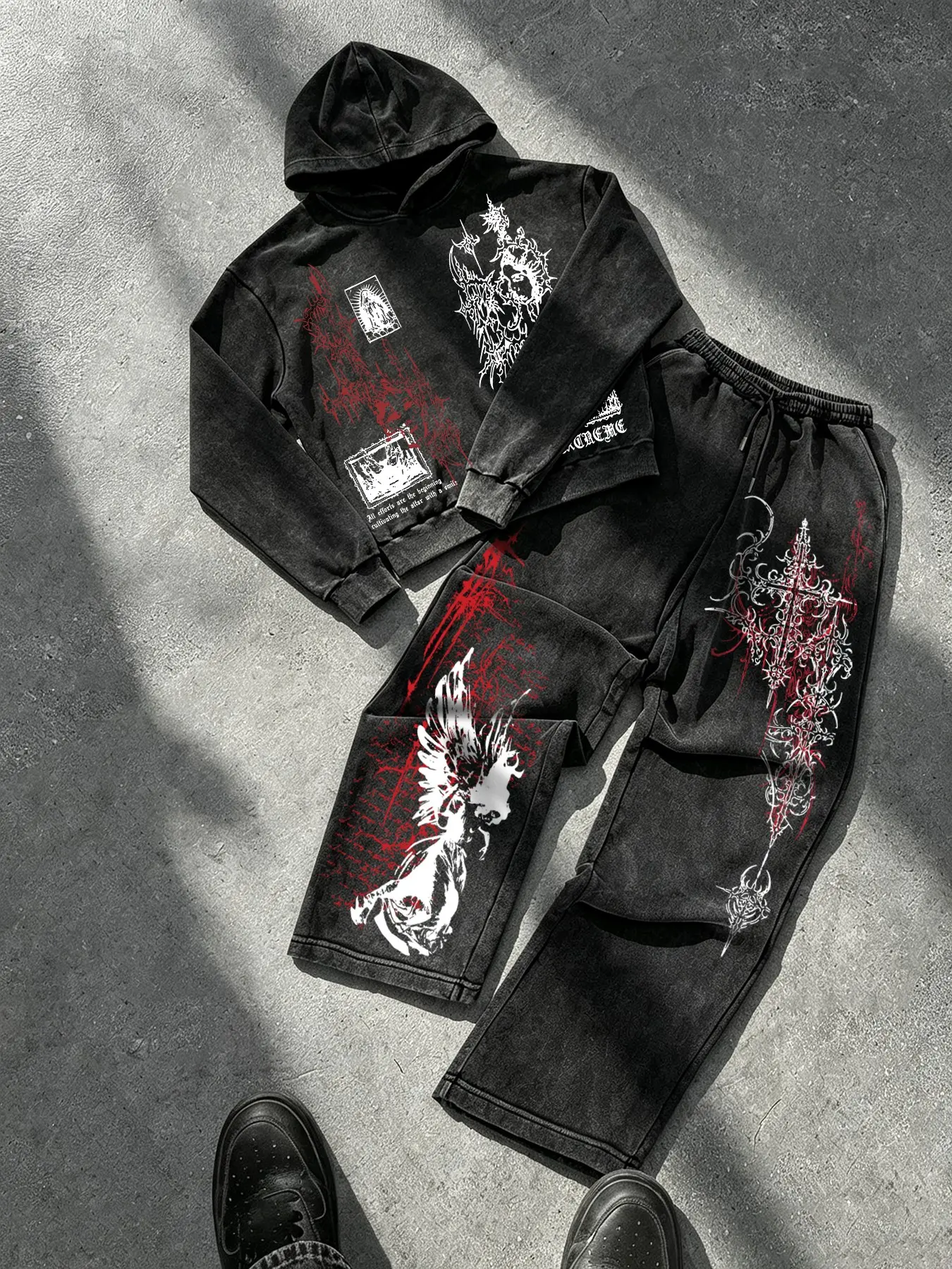 Y2K Cyber Sigilism Acid Wash Tracksuit Set | Men Women Oversized Gothic Cross & Angel Graphic Pullover Hoodie with Baggy Wide Leg Sweatpants | Vintage Darkwear Urban Grunge 2 Piece Outfit