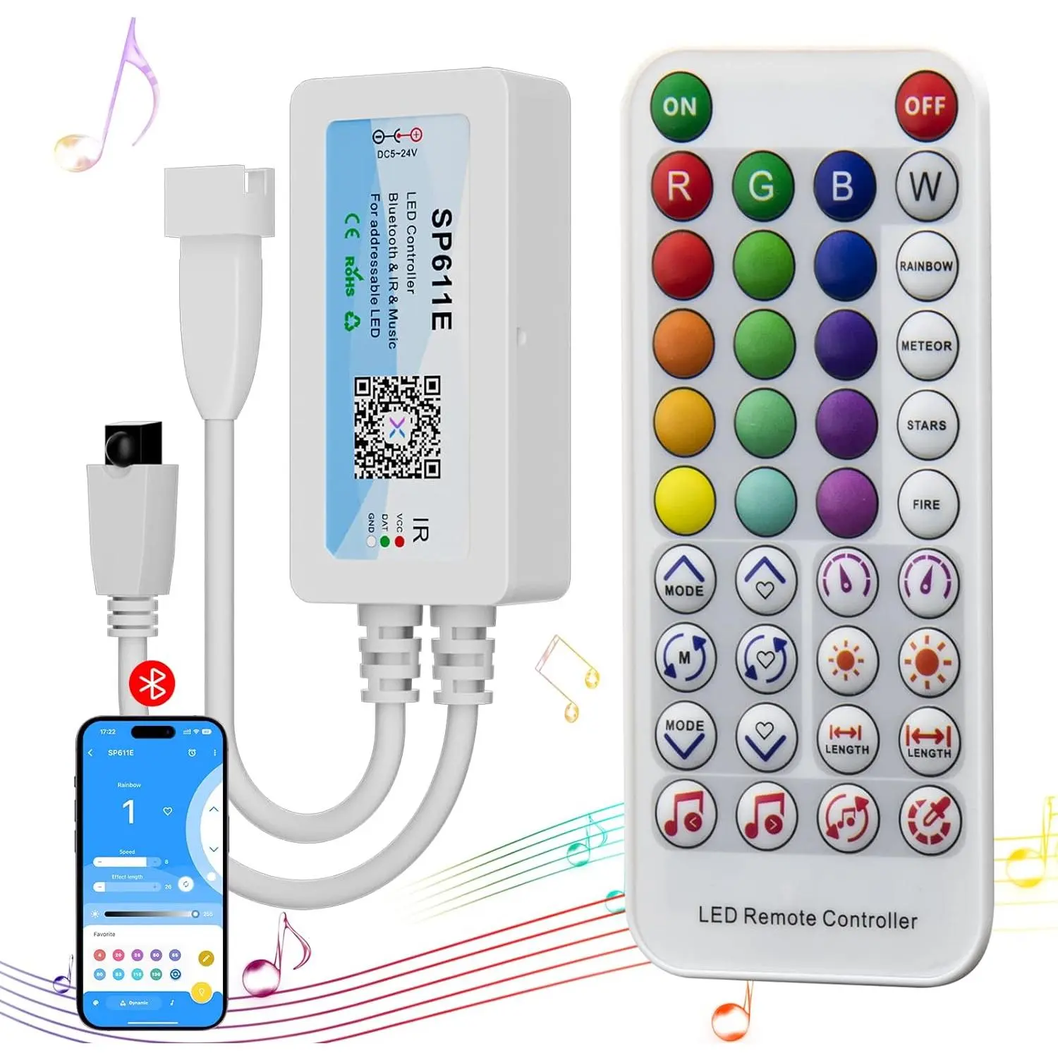 Pixel LED  Controller SP611E,for WS2811 WS2812 SM16703 Addressable Dream Color LED Strip Pixels Light DC5V-24V APP/IR Remote Control(NOT for RGB LED Strip without  IC)