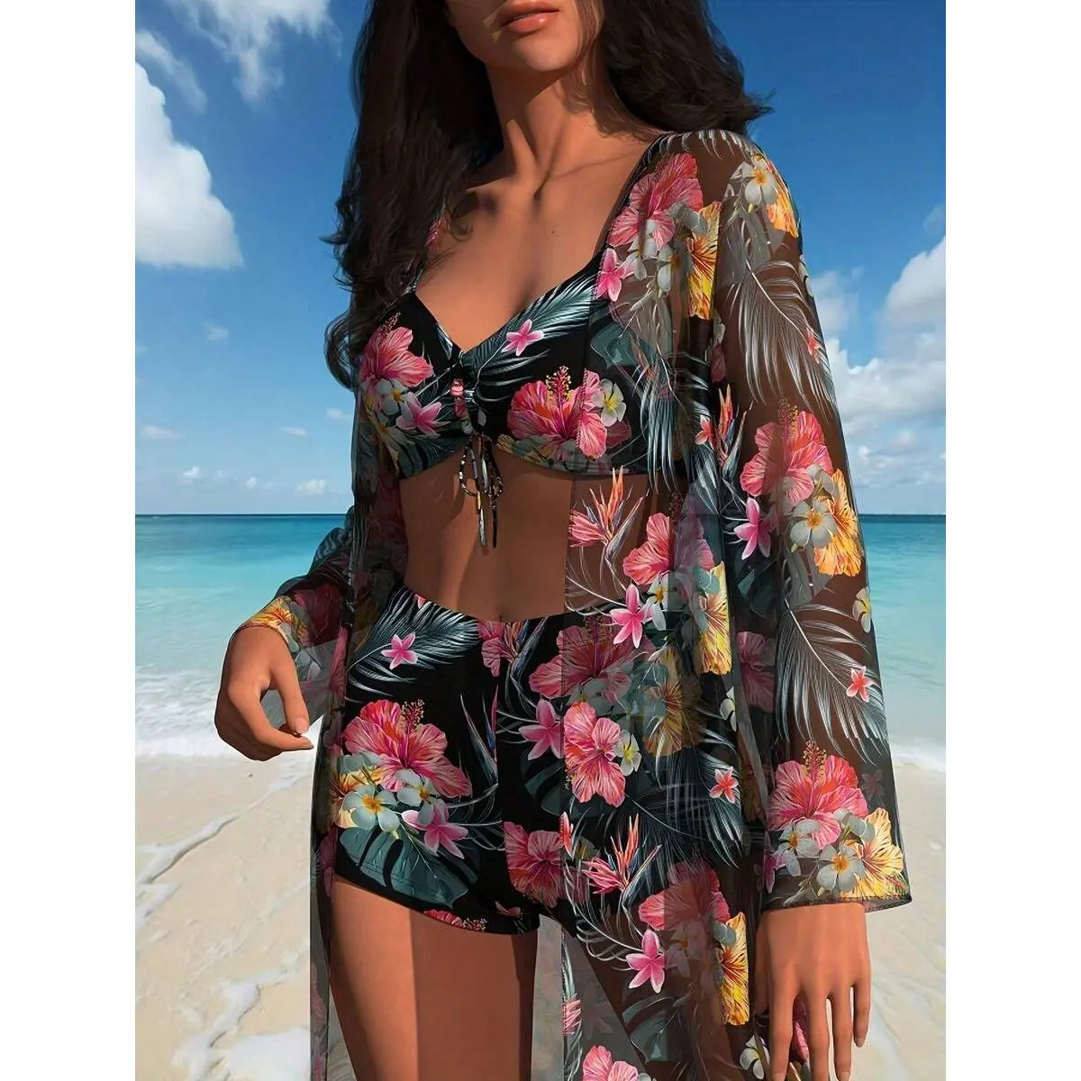 Women's 2026 New 3-Piece Tropical Floral Pattern Bikini Set - Bikini Top, Shorts, Sheer Beach Cover Ups, Tropical Clothing