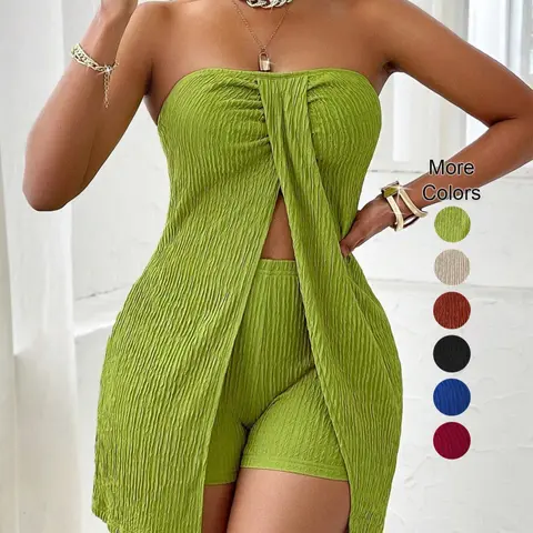 Women's Plain Texture Ruched Front Split Strapless Top and Short Pants Set, Sexy Versatile Two-Piece, Casual Slim-Fit Clothing Set