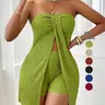 Women's Plain Texture Ruched Front Split Strapless Top and Short Pants Set, Sexy Versatile Two-Piece, Casual Slim-Fit Clothing Set