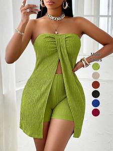 women's plain ruched split hem plicated tube top & elastic waist shorts two-piece set, casual fashion cozy two piece outfits for daily outdoor wear, ladies summer clothes, sleeveless womenswear, workout sets women