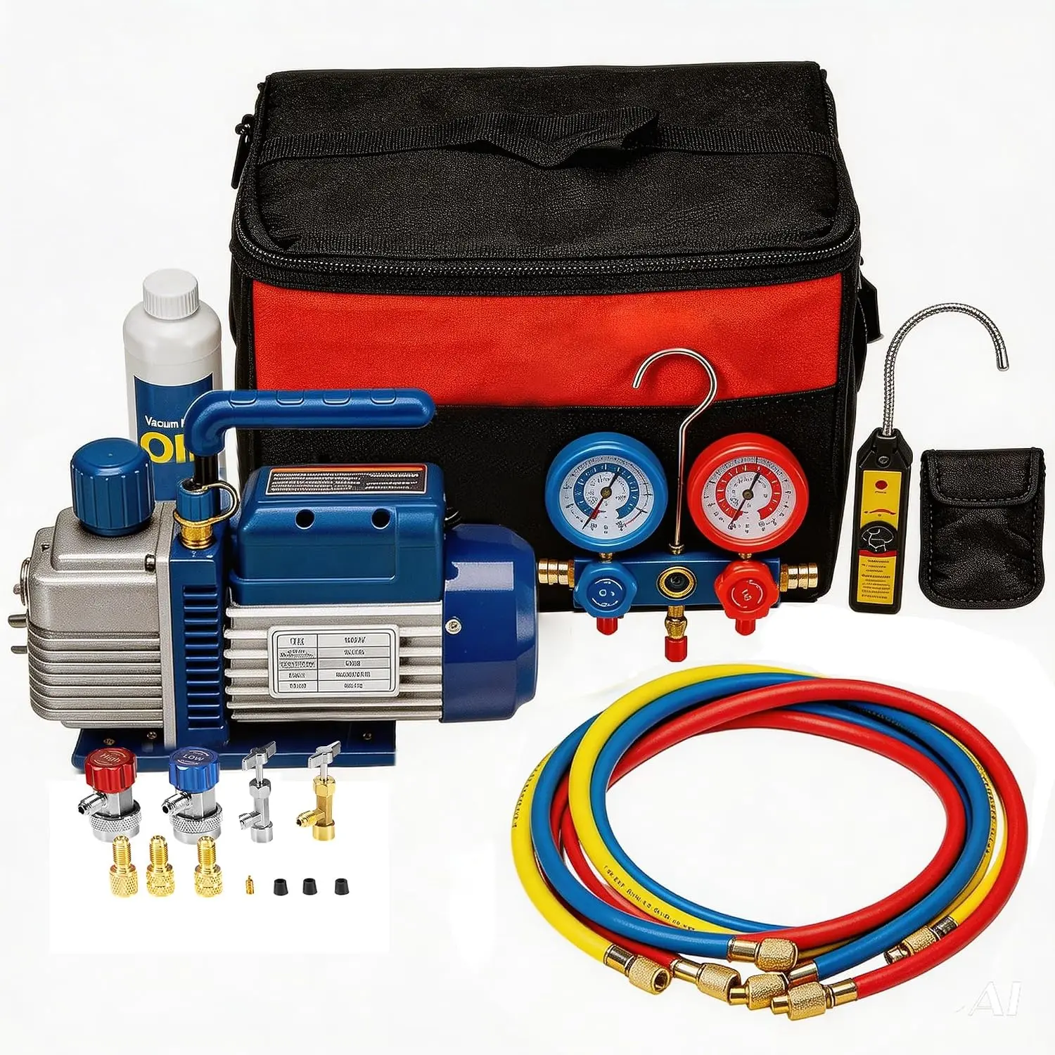 4CFM 1/3 HP Single-Stage Rotary Vane AC Vacuum Pump Complete Kit with Manifold Gauge Set, Hoses, Leak Detector, SAE Port for HVAC & Automotive Refrigeration Systems, Synthetic