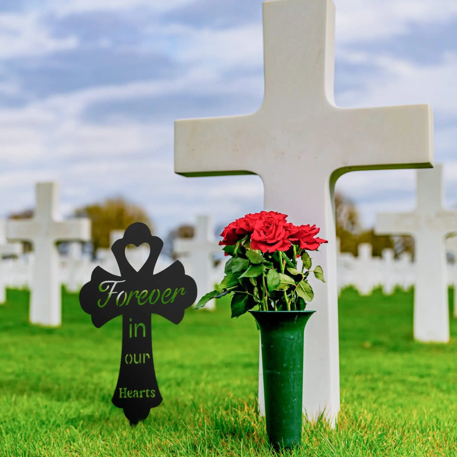 2D Flat Memorial Cross Grave Marker, Wooden Cross Cemetery Plaque, Outdoor Funeral Decoration, Sympathy Tribute Garden Sign