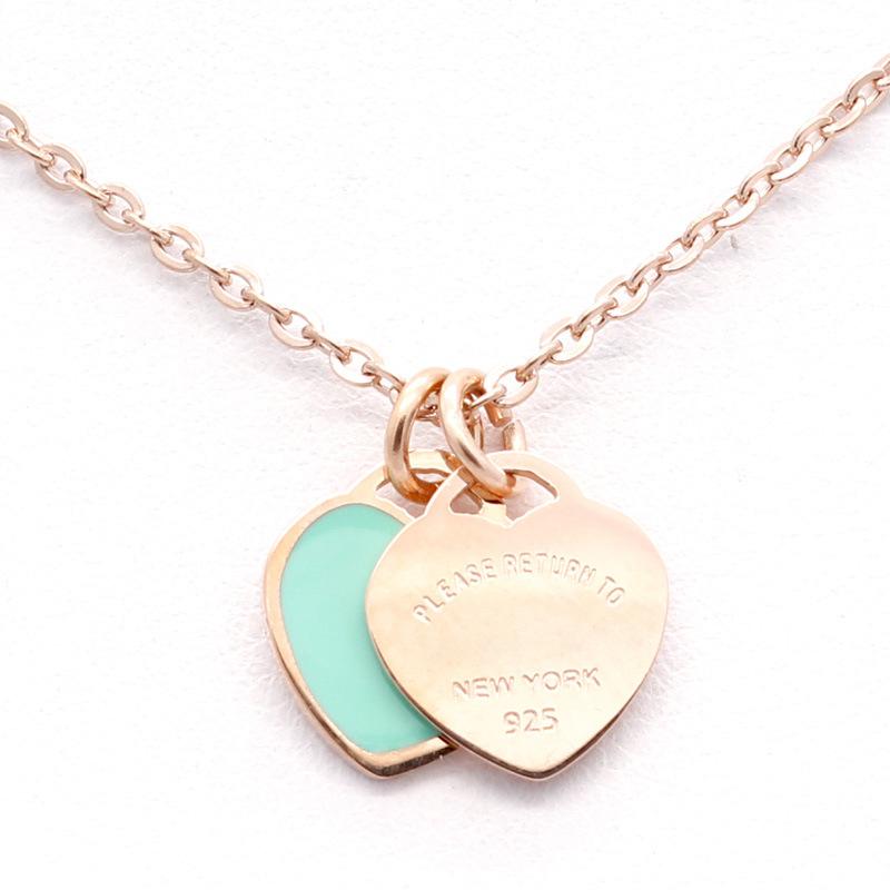 New luxury enamel pink double heart necklace, 18k gold titanium steel, versatile new style
