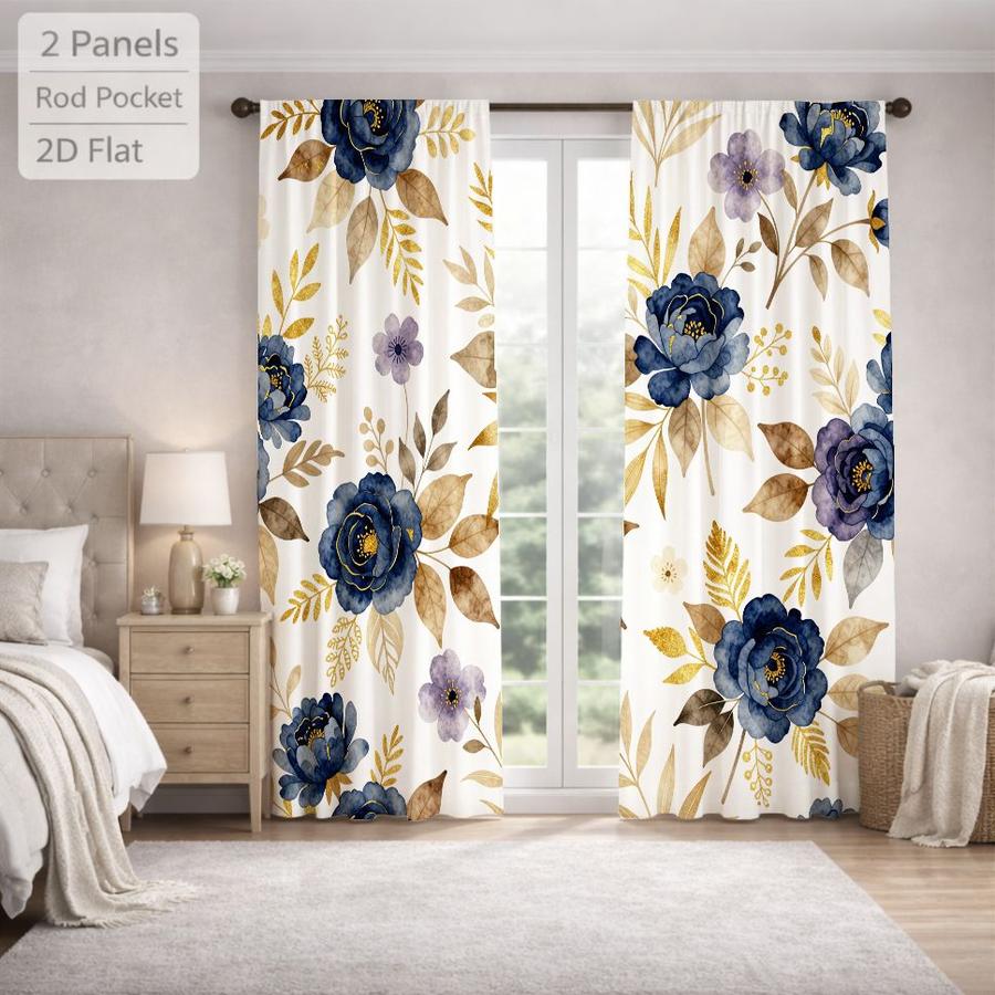 2 Pcs Elegant Floral Pattern Blue Peony Golden Leaves Sun Blocking Curtains Digital Printed Rod Pocket for Bedroom Office Kitchen Living Room Study Home Decor
