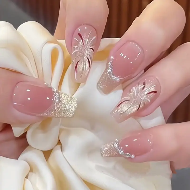 30 Pcs Ballet Press-On Nails, Nude Gold Glitter French Tips, French Nail Art, Feather Lines, Small Rhinestones, Reusable, Includes Jelly Gel and File, Glossy Reusable Nails