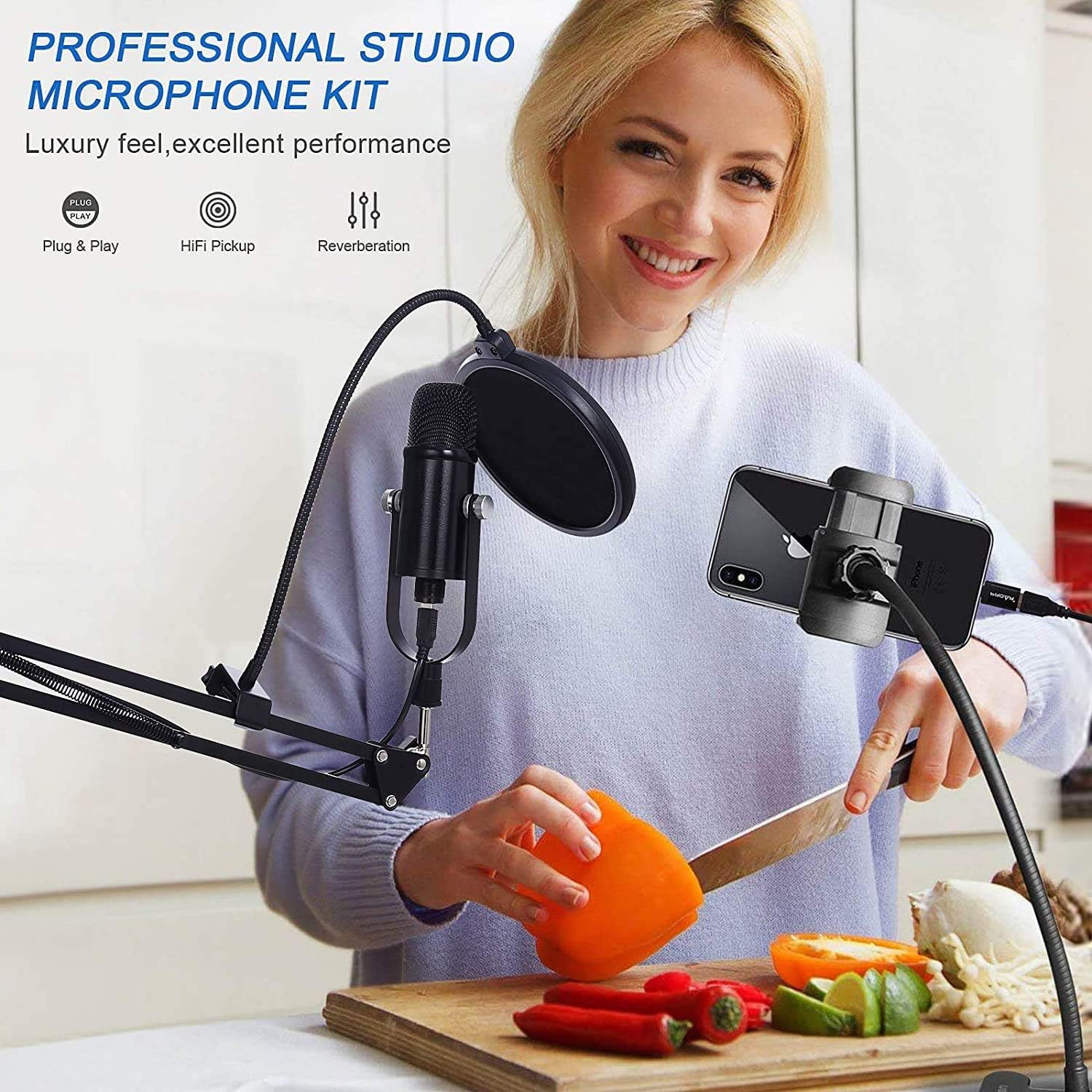 USB Microphone Condenser Computer PC Gaming Mic Podcast Microphone Kit for Streaming,Recording,Vocals,ASMR,Voice,Cardioid Studio Mic for Phone/Pad/Android//Laptop/PS4/USB C Phone,YouTube