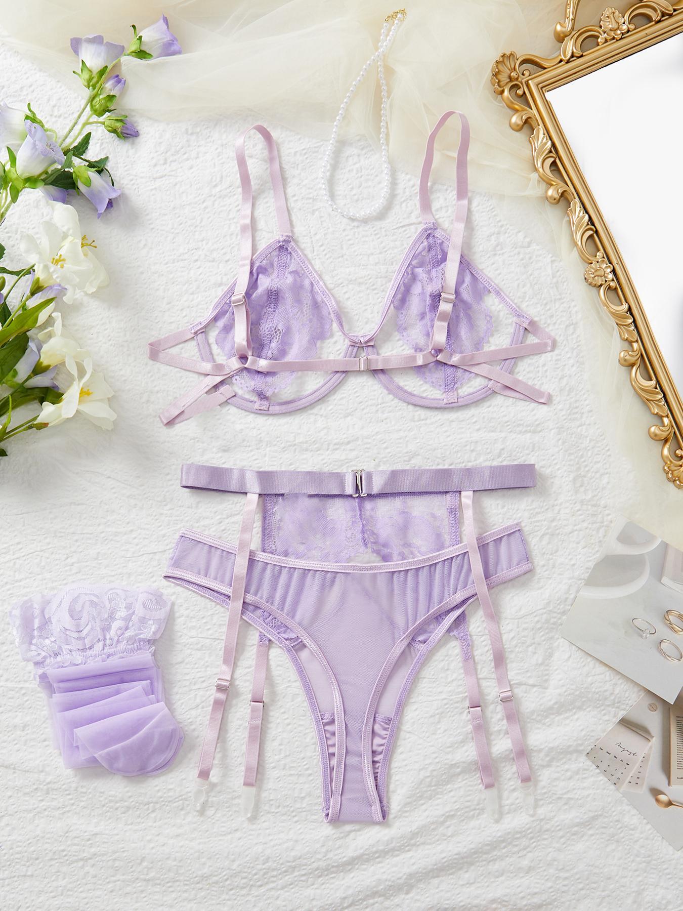 Women's Lace Sexy Lingerie Set, Womenswear Solid Color Bra & Thong & Garter Belt & Stocking, Elegant Comfy Lightweight Breathable Fitted Lingerie Set for Women Underwear - TikTok Shop Women's Lace Sexy Lingerie Set, Womenswear Solid Color Bra & Thong & Garter Belt & Stocking, Elegant Comfy Lightweight Breathable Fitted Lingerie Set for Women Underwear - TikTok Shop