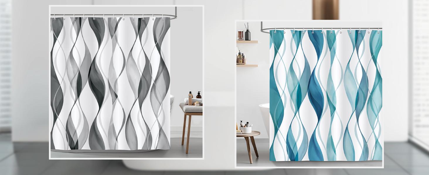Gray Striped Shower Curtain 72x72 Inch, Modern Abstract Wavy Line Bathroom Curtain, Water-Resistant Polyester Fabric Bath Curtain with 12 Hooks, Minimalist Bathroom Decor