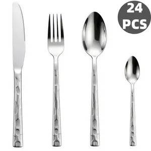 24-Piece Waterdrop Hammered Handle Stainless Steel Flatware Set, Premium Mirror Polished Cutlery, Durable Rust Resistant, Perfect for Daily Dining, Parties, Camping & Holiday Presents