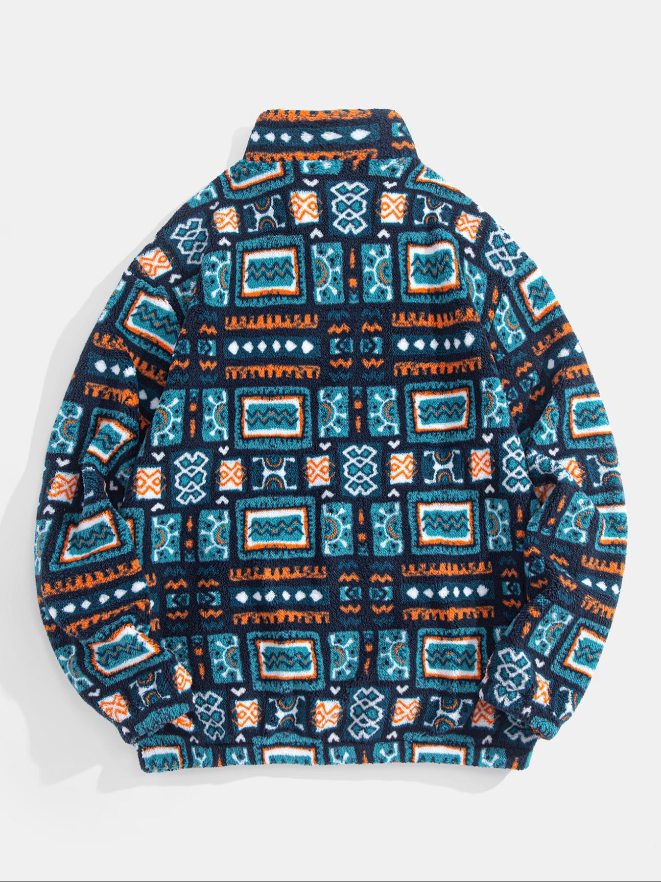 Men's Fleece Ethnic Style Sweatshirt, Tribal Totem Pattern, Casual Long Sleeve Zipper Pullover, Perfect for Layering & Outdoor Activities
