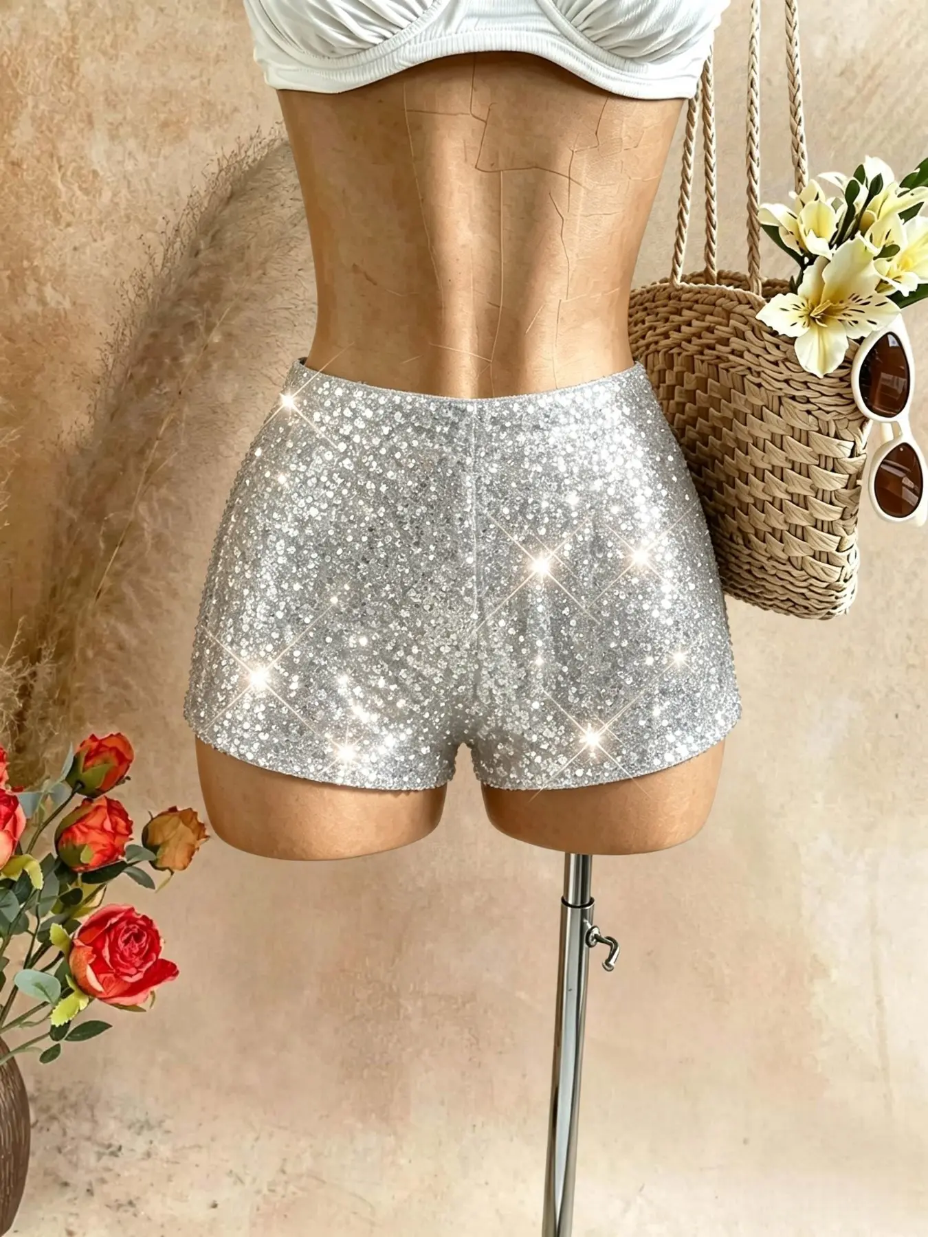 Women's High-Waisted Sequin Shorts, Stretchy Bodycon Butt-Lift Super Short Hot Pants, Party Stage Flashy for Nightclubs