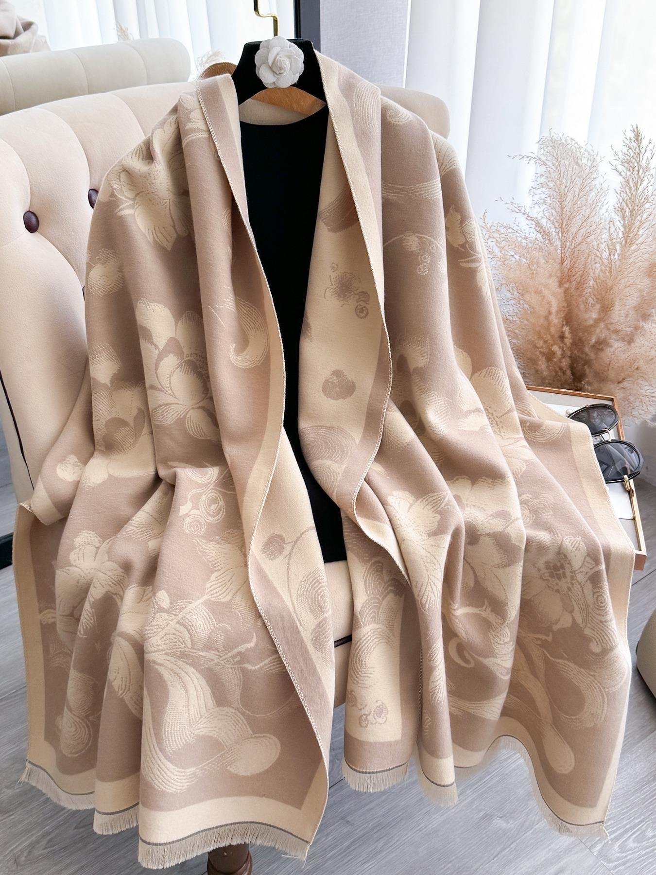 Women's Floral Pattern Raw Trim Shawl, Girlfriend Gifts, Imitation Cashmere Long Scarf, Casual Soft Warm Thick Double Sided Scarf for Fall & Winter, Fashion Accessories for Daily Wear