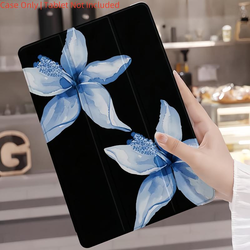 Blue Flower Tri-Fold Flip Cover Stand with Pen Holder and Anti-Drop Tablet Case for iPad Air 4th/Air 5th (10.9-Inch), 7/8/9th (10.2-Inch), 5th/6th, Air 1st/Air 2nd (9.7-Inch), Air 3rd (10.5-Inch), Pro (11-Inch), 10th Generation