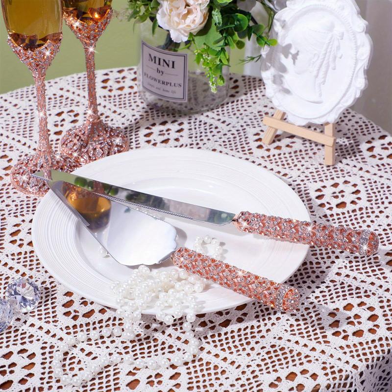 4 Pcs, Wedding Cake Knife And Champagne Flutes Server Set, Wedding Cake Knife And Server Set, Toasting Crystal Rhinestone Champagne Flutes Glasses Cake Knife Pie Server Wedding Gifts For Couple Bride Groom, Christmas Gift, i Cutlery Tableware