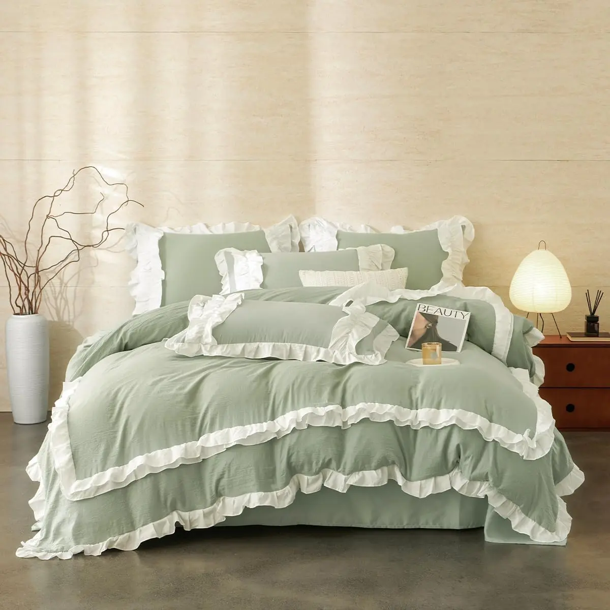 Green Ruffle Full 3Pcs Duvet Cover Set Shabby Chic Farmhouse Girls Bedding 100% Washed Microfiber Boho Vintage Ruffled Bedding with 2 Pillowcases(No Comforter)