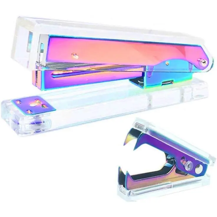 Office Stapler  Remover Set, Clear  Metallic Rainbow Tone Desk Executive Manual Staplers and Staple Remover Tool for Desktop Accessories Supplies (Clear & Rainbow)