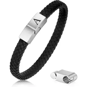 Mens Leather Bracelet Gifts, Premium Genuine Leather Adjustable Bracelet with Stainless Steel Magnetic Clasp, Initial Bracelet for Men, Dad Husband Son Unique Gift Bracelet