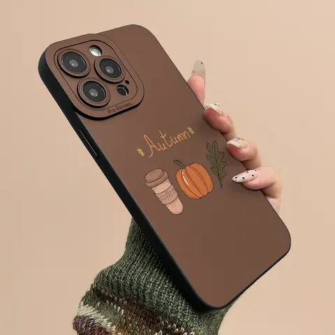 Matte Anti-Fingerprint TPU Cellphone Case - Autumn Pumpkin Coffee Leaf Pattern, Anti-Fall Lens Protection, Black Accessory Compatible with iPhone 11/12/13/14/15/16 Pro Max & Samsung Series