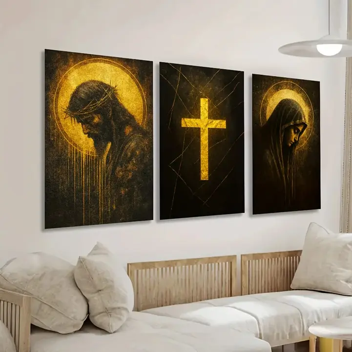 Religious Canvas Poster, Jesus and Virgin Mary Golden Cross Wall Art Prints, Christian Faith Home Office Church Decor, Prayer Room Holiday Gift