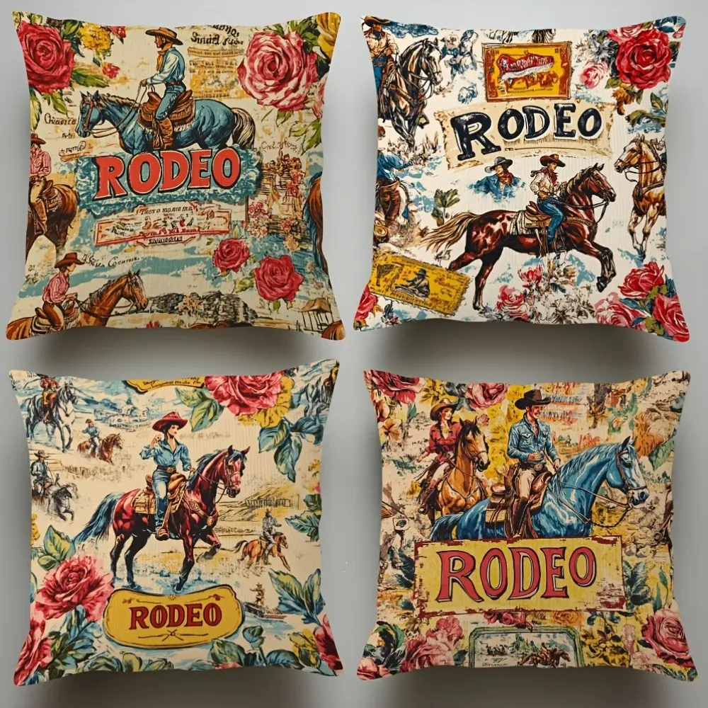 Set of Four Vintage Cowboy-Themed Pillow Covers, Featuring Double-Sided Prints, Machine Washable, with a Zipper Closure, Made from Soft Polyester Fabric, Ideal for Home Decoration And Suitable for Different Types of Rooms - Double-Sided Prints