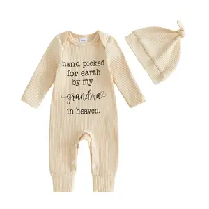 Newborn Baby Boy Fall Outfits Letter Print Long Sleeve Ribbed Romper &Knot Hat 0-12 Months