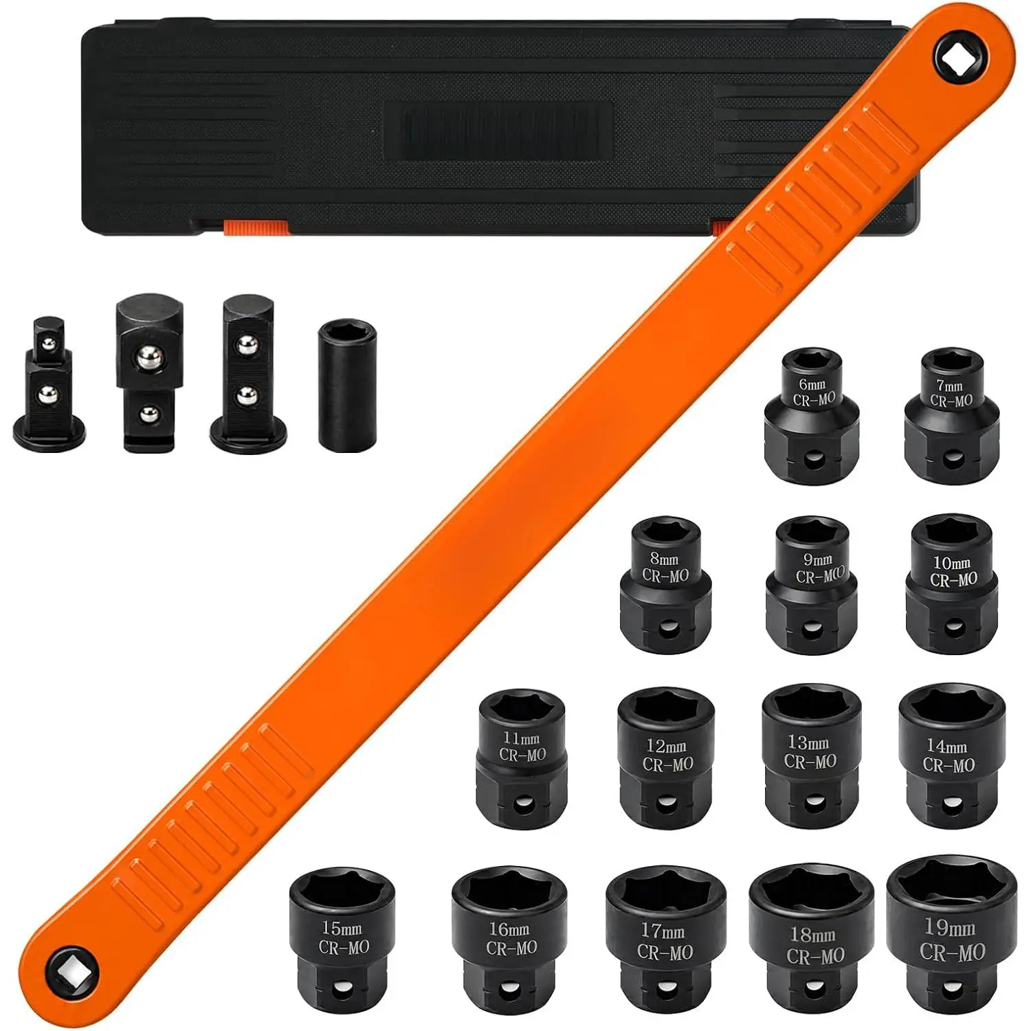 19PCS Pro Offset Extension Wrench Set - Ratchet Drive, 1/4", 3/8", 1/2" Square Drive Adapters, Compact Space Solution (Tools & Hardware, Hand Tools)