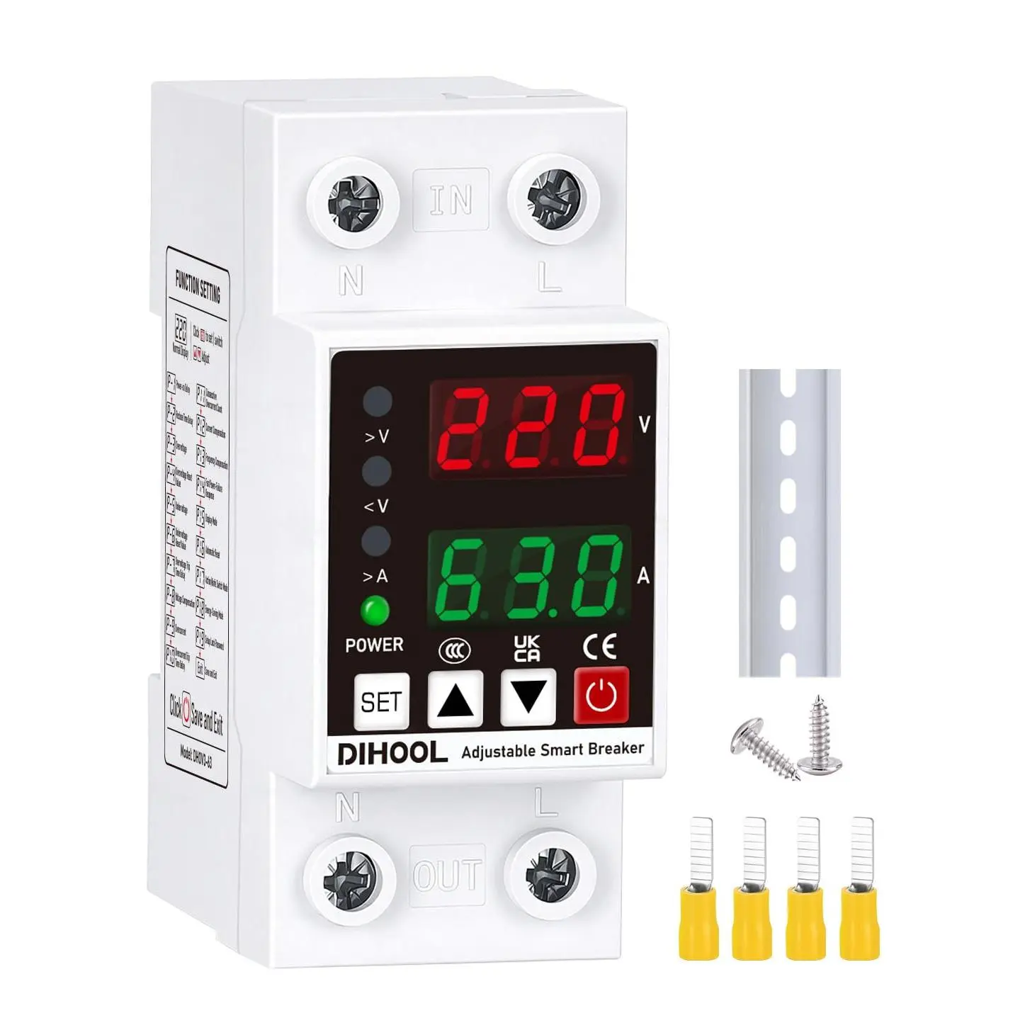 Smart Circuit Breaker with Adjustable Voltage Protection, 70-200V Low and 140-300V High Cutoff, 1-63A Overcurrent Protector, AC Disconnect Switch, DIN Rail Mount