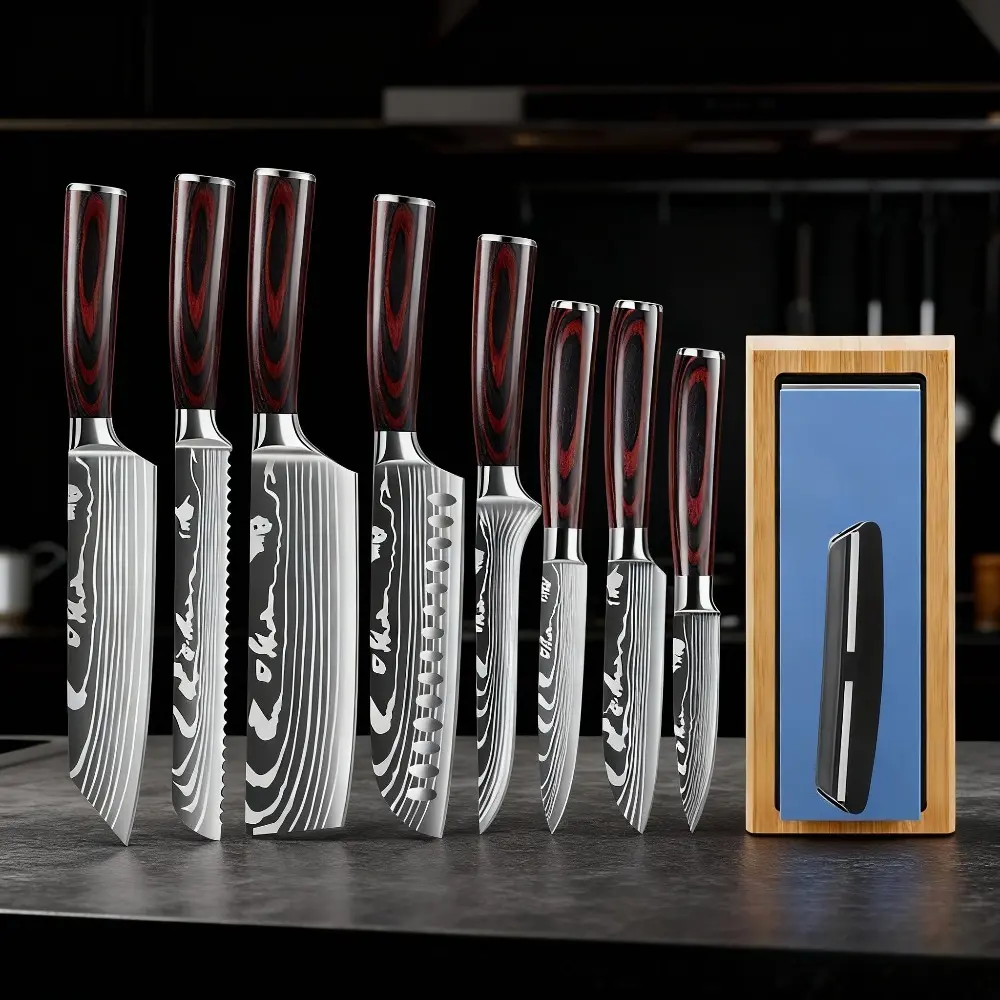 Knife Set 9pc, Japanese Kitchen Knife High Carbon Stainless Steel Ultra Sharp Knife for Kitchen, Professional Chef Knife Set with Sharpener, ergonomic handle
