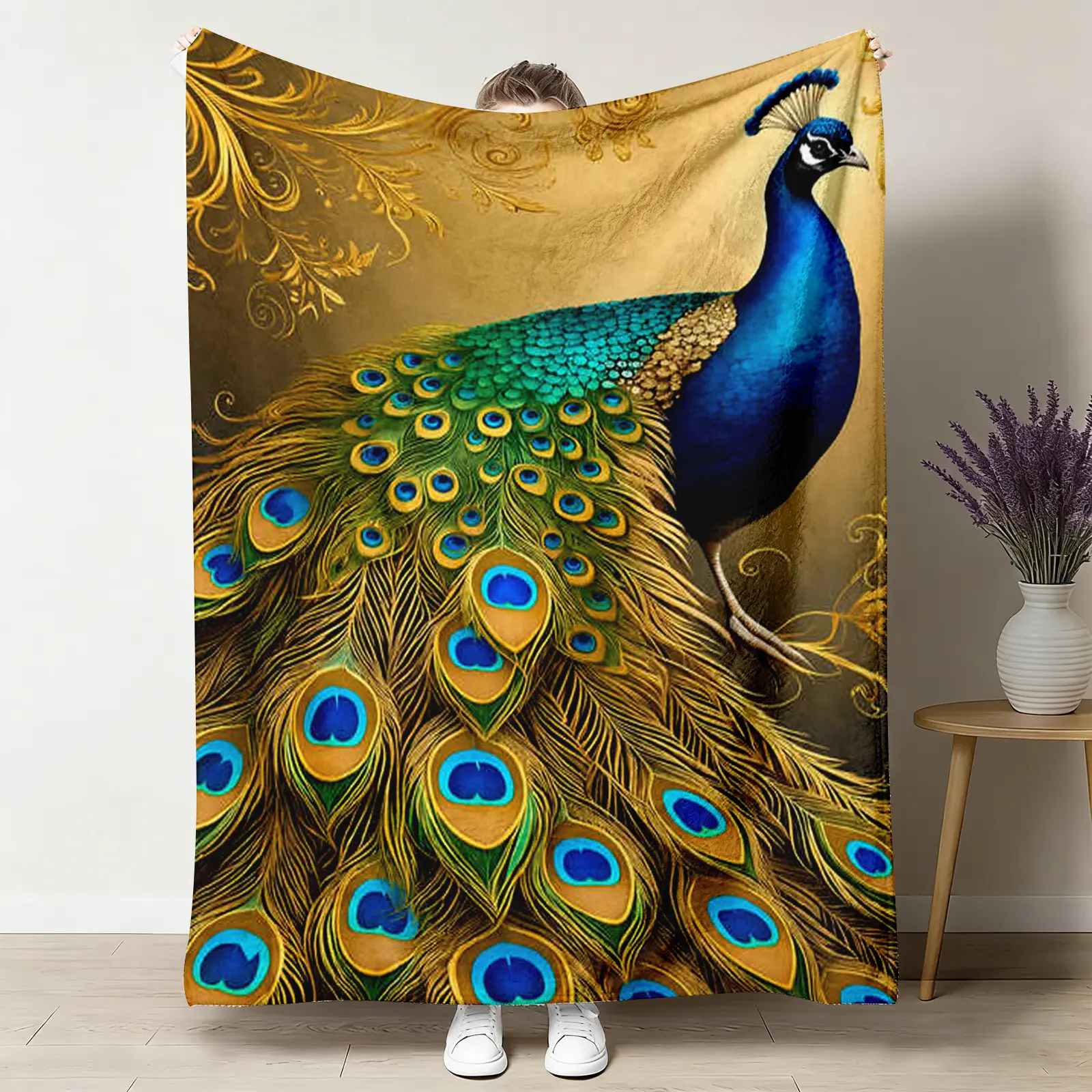 Golden Peacock Print Flannel Throw Blanket - Baroque Style, Multi-Size, 60*50inch (Medium for Teens), Gold Scroll Blue Green Feather Design, Soft Cozy Warm Cover, Wrinkle Resistant, Elegant Home Decor, Gift for Her, Machine Washable, PVC-Free Material