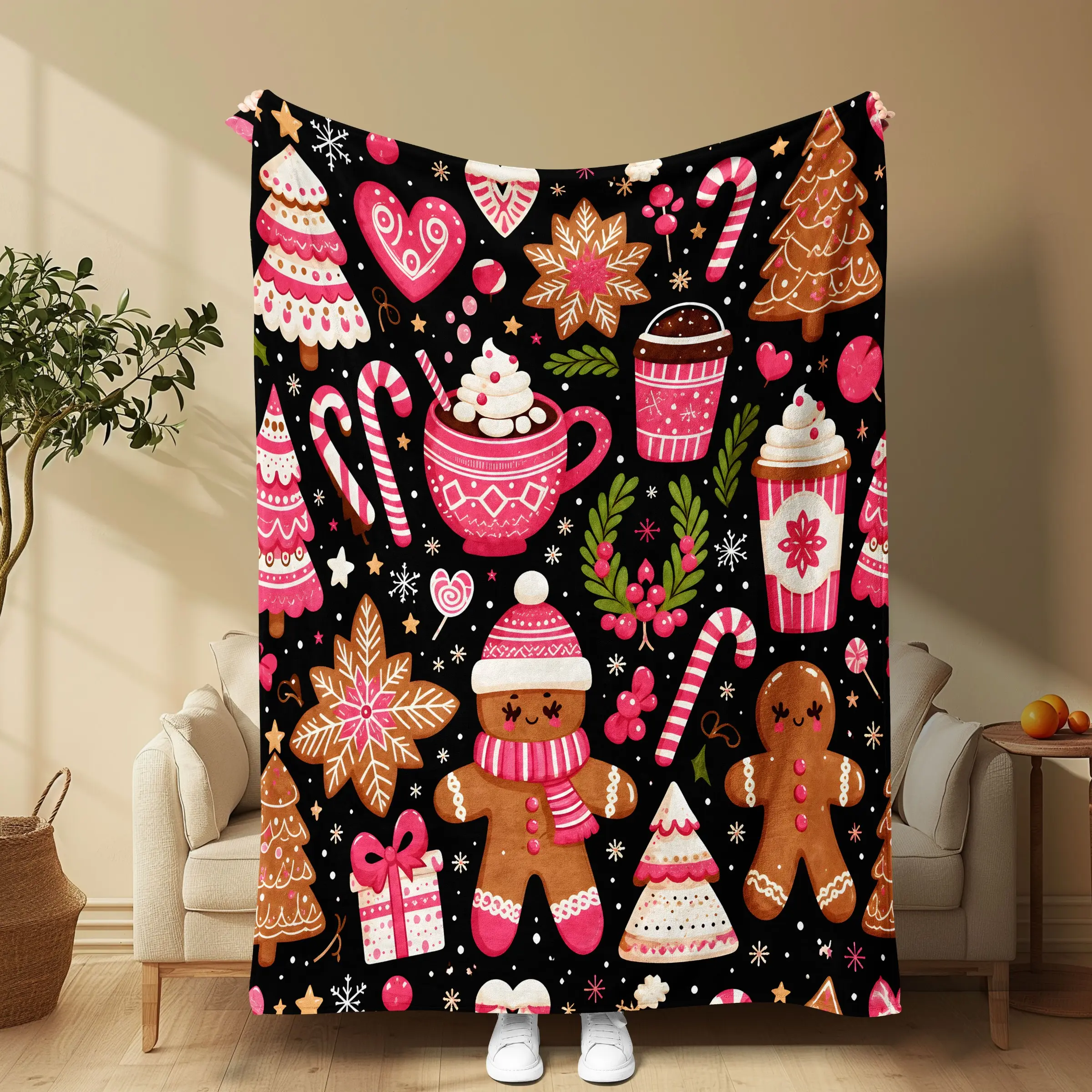 Powder Gingerbread Man Christmas Flannel Blanket, Sweet Winter Atmosphere, Home Decor, Sofa Bed Cover, Holiday Collection