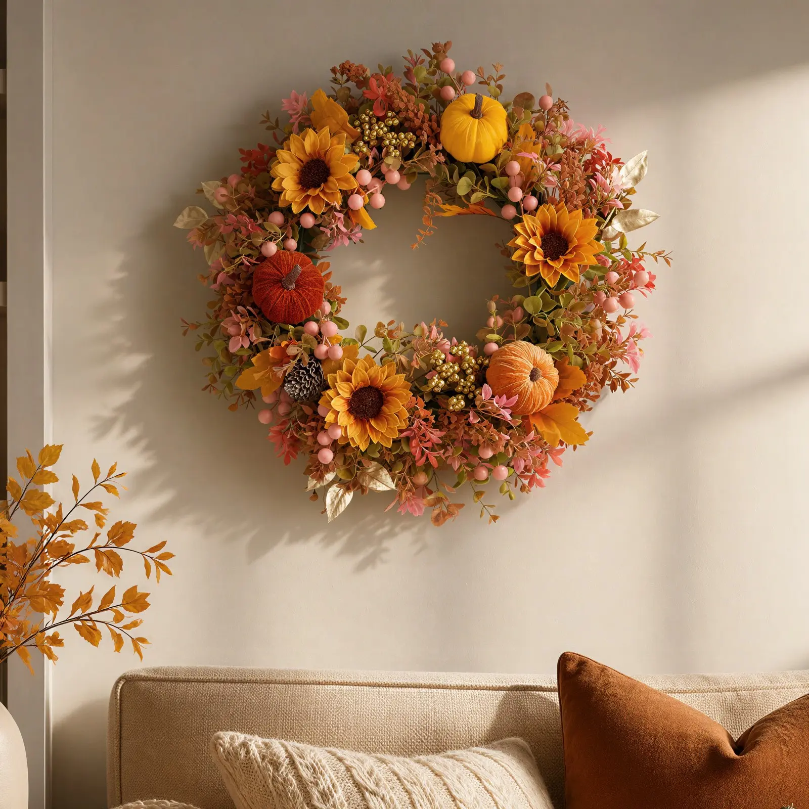 Thanksgiving Fall Artificial Wreath, Eucalyptus, Berries, Pumpkin, Sheep Ears, Leaves, Front Door, Porch Wall, Outdoor Holiday Decor
