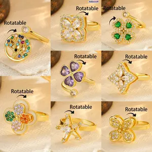 Trending Must-Have Rotating Four Leaf Clover Tree of Life Zircon Ring, Copper Micro-Inlay Spinner Jewelry for Women, Aesthetic Boho Chic Minimal Fidget Ring, Gift Idea for Her, Daily Wear, WFH, Travel Essential