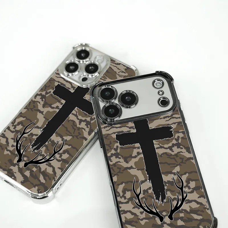 Camo Cross and Antlers, 4-Corner Shockproof TPU Phone Case with Electroplated Glossy Edges | Unisex | Multi-Model Compatible for iPhone 17-11 Pro Max/Plus/Air & Samsung Galaxy S26-S22 Ultra/Plus/FE