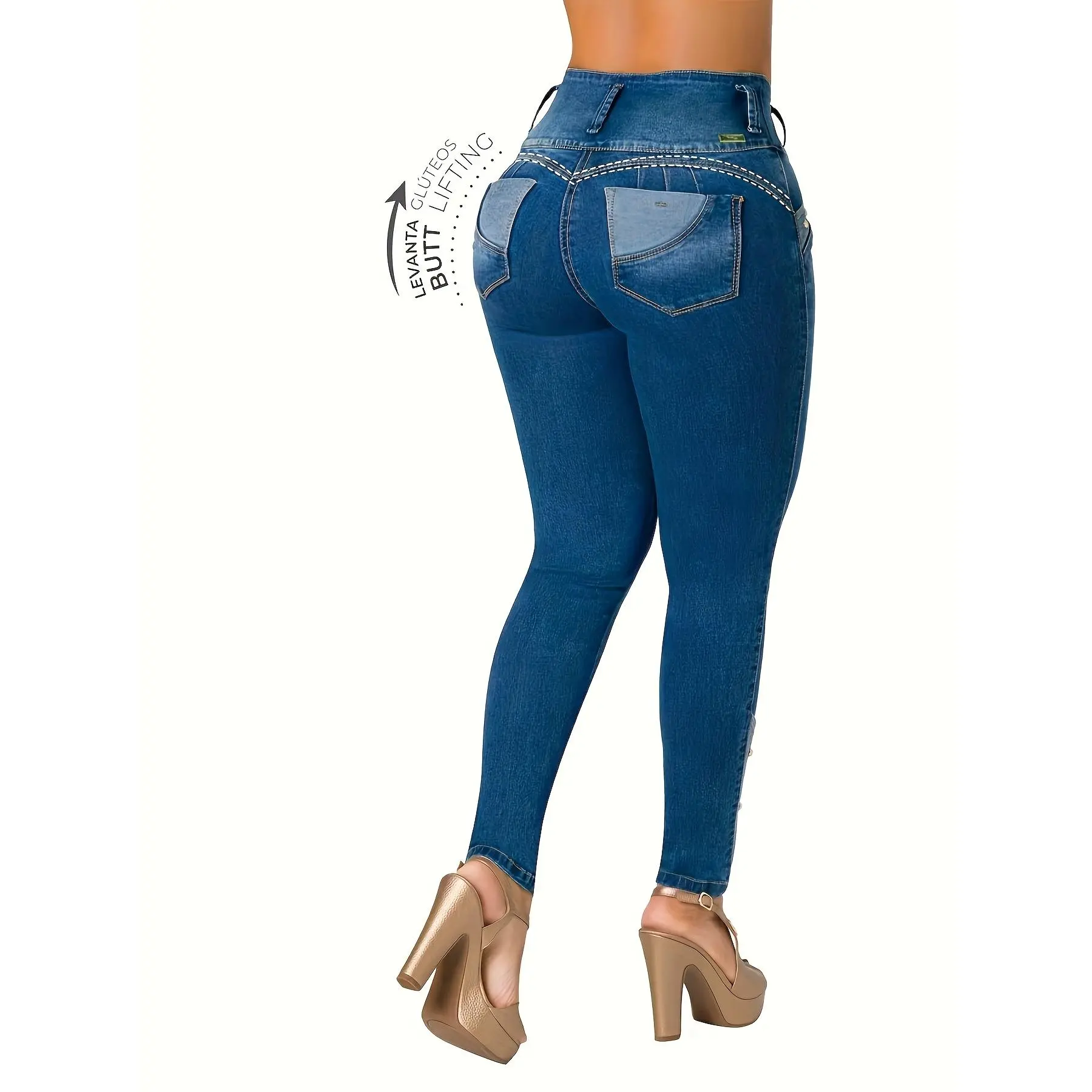 Lady J7102# Blue High-waist Splicing Fashion Ankle-length Skinny Tight-fitting Sequined Four-season Jeans