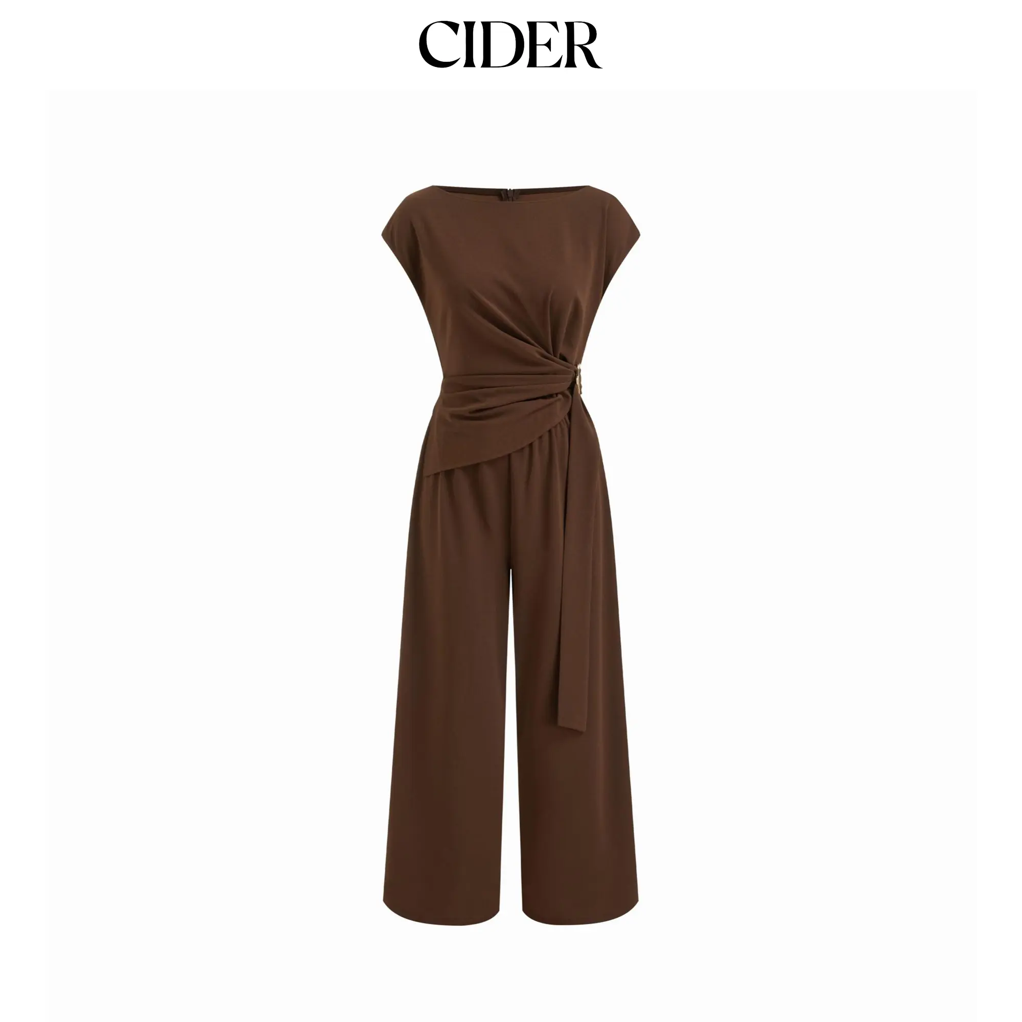 Cider Boat Neck Ruched Metal Detail Wide Leg Jumpsuit
