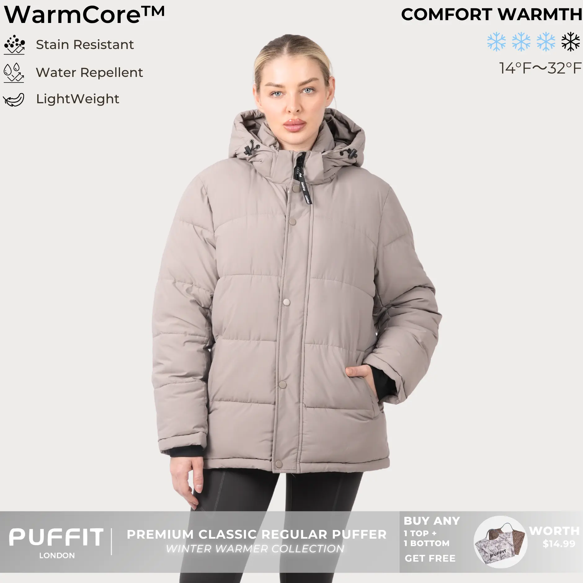 PUFFIT WarmCore Premium Detachable-Hood Puffer Jacket | Classic Lightweight Winter Coat, Windproof, Water-Repellent, Adjustable Drawstring Design, Womenswear, Tops, Outerwear, Long Sleeve