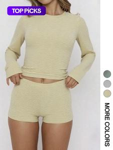 2 piece set women's casual striped long sleeve shirt + hot pants short shorts, summer fashion, comfortable and stylish, perfect for daily wear