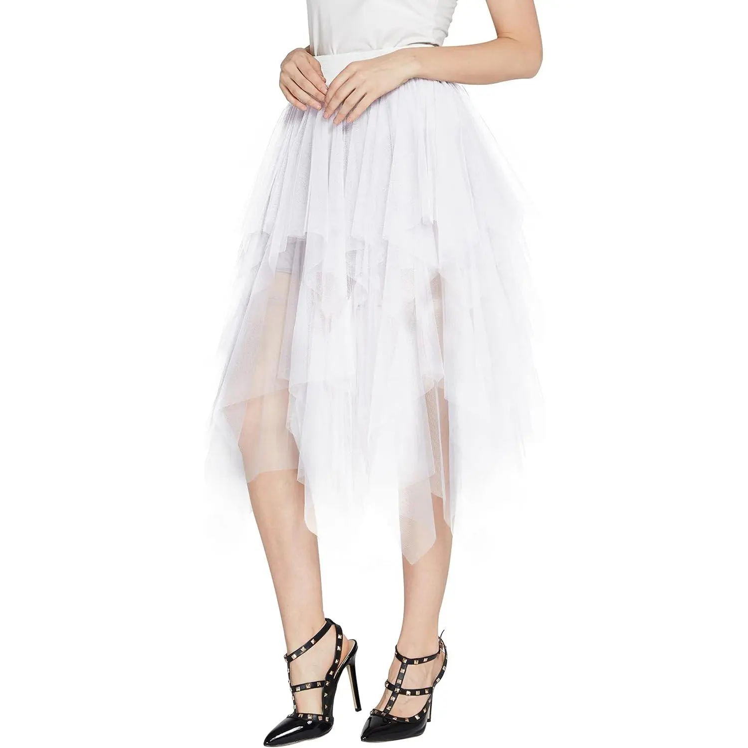 Women's A-Line Mesh Tutu Skirt Fluffy Layered Tulle Midi Long Skirts with Elastic Waist